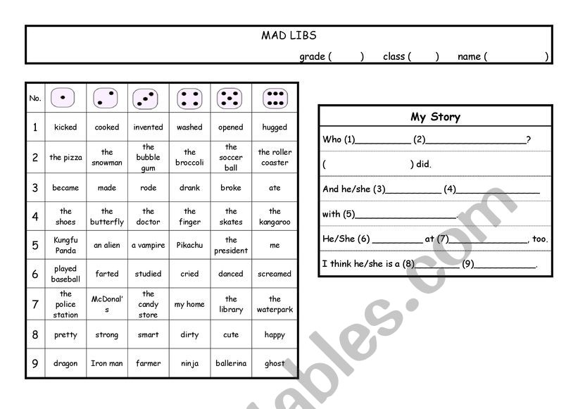 Roll a Story (Mad Libs) worksheet