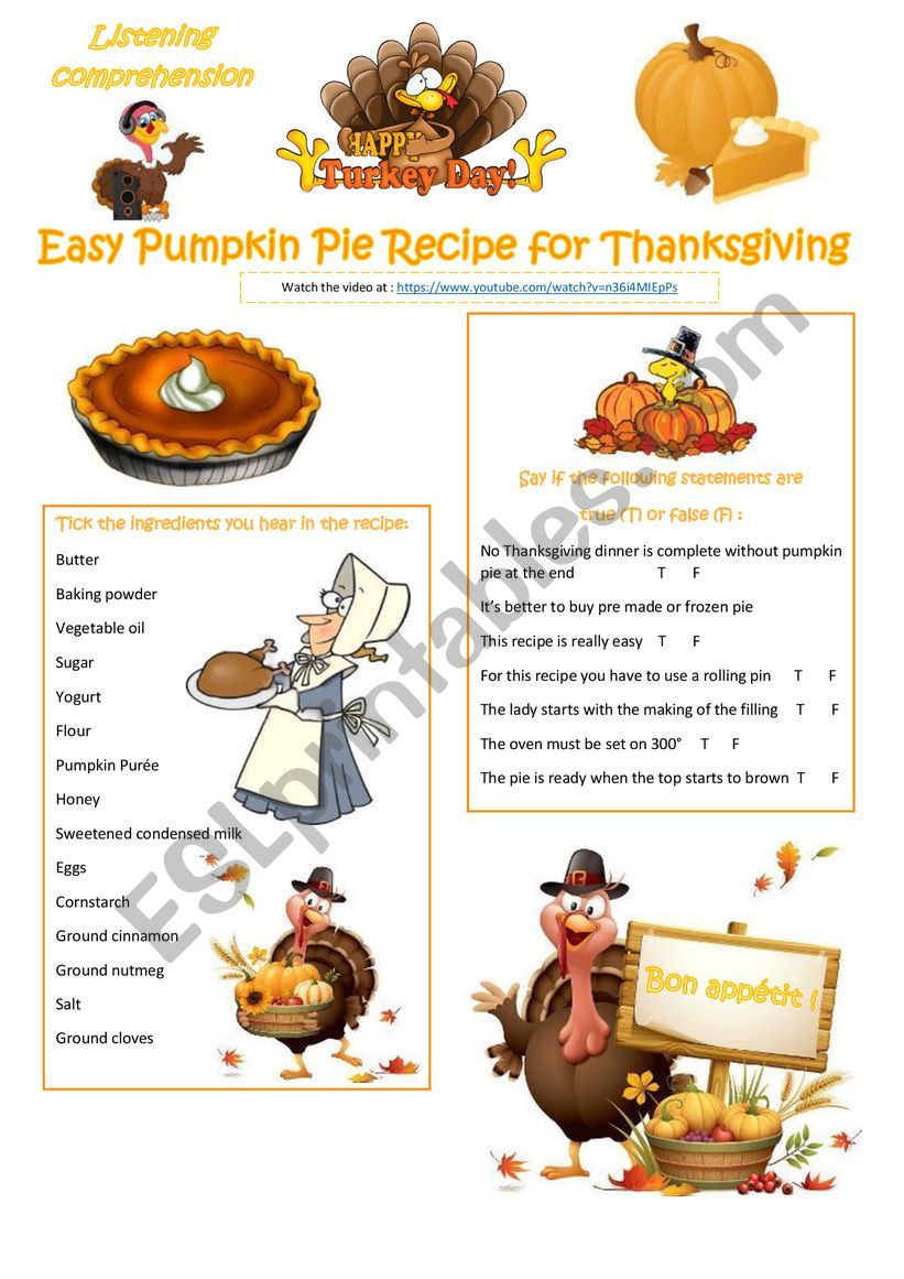 Thanksgiving Pie Recipe Listening Comprehension With Keys Esl Worksheet By Cariboo