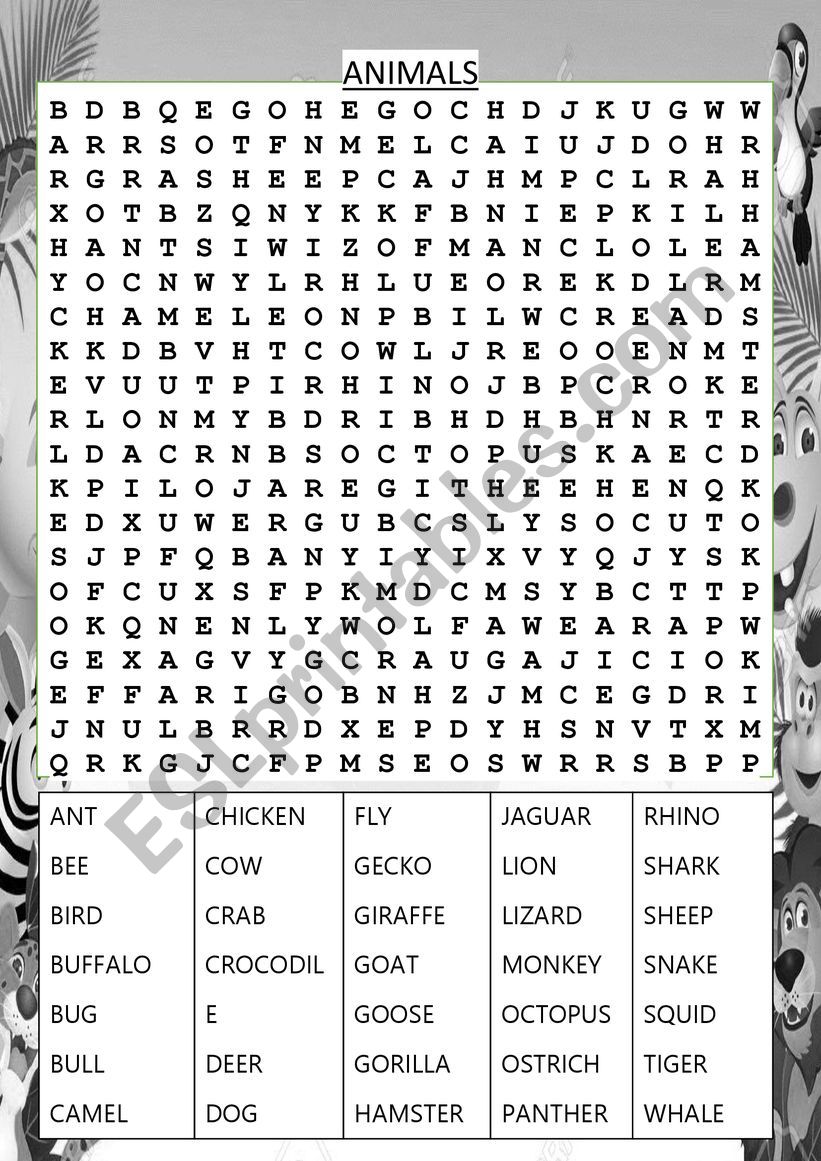 An Advanced Animals Wordsearch