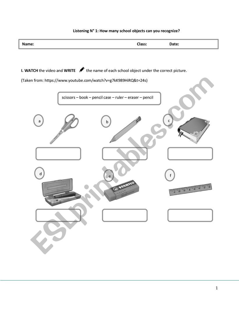 school objects listening worksheet