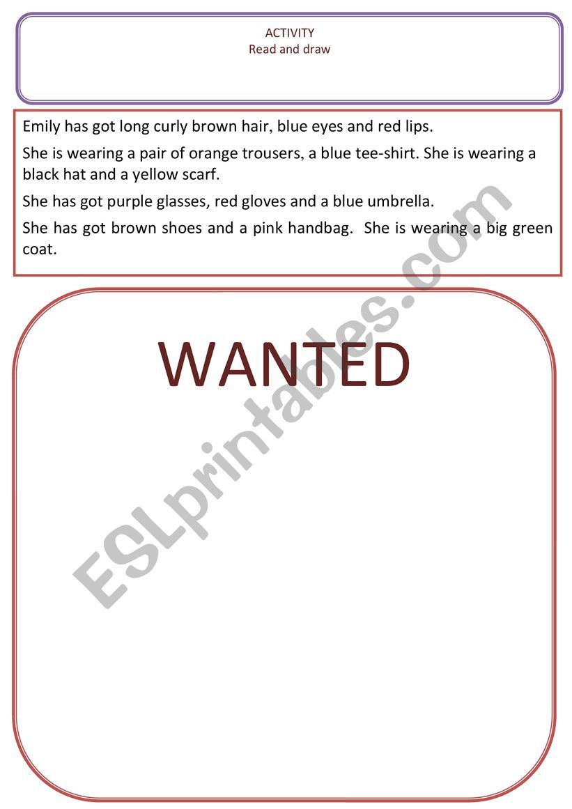 EMILY read and draw worksheet