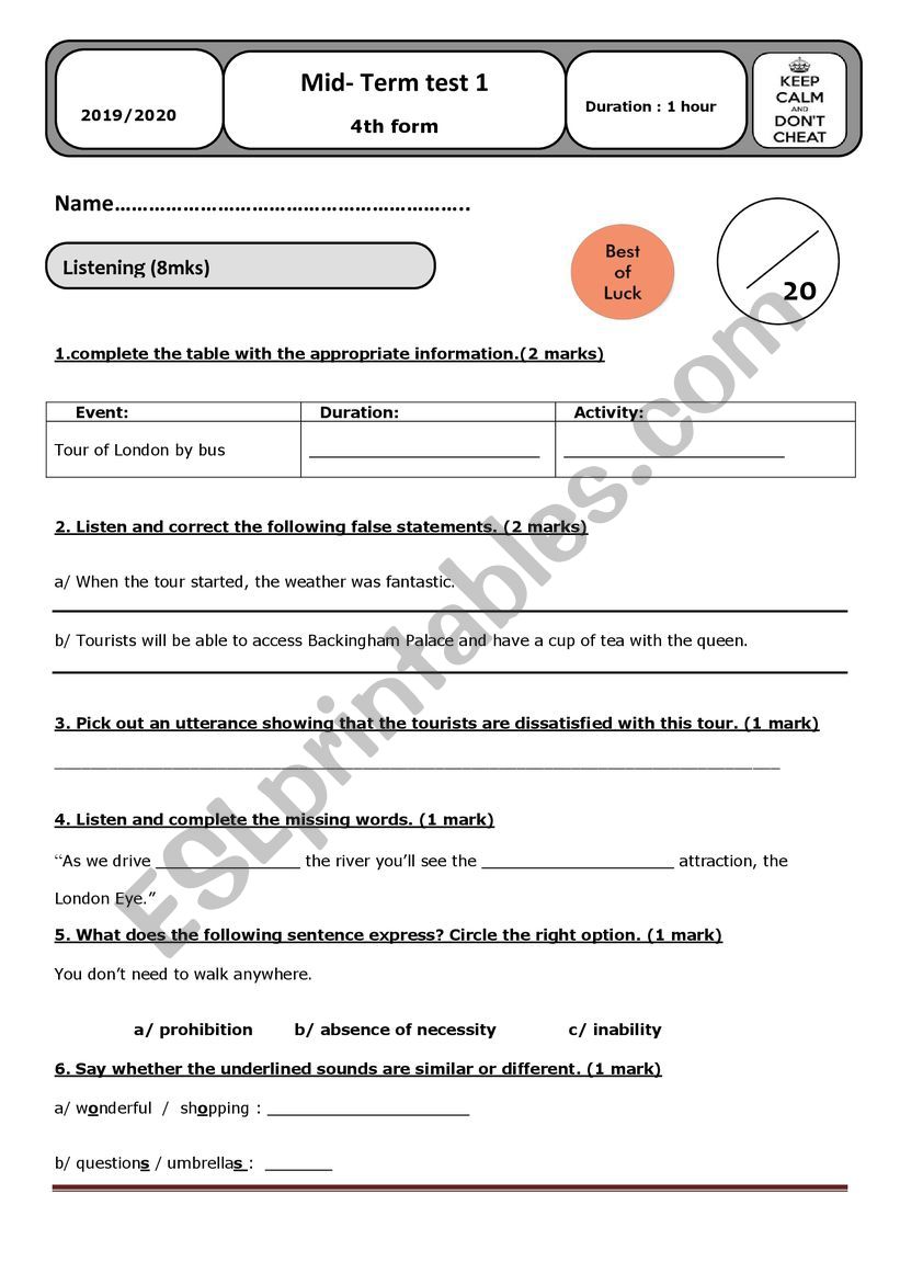 4th form mid term test 1 worksheet