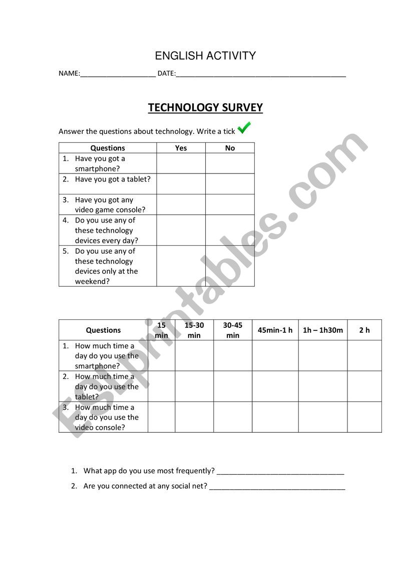 TECHNOLOGY SURVEY worksheet