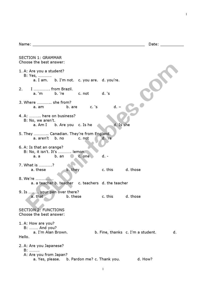 TEST OF VERB TO BE  worksheet