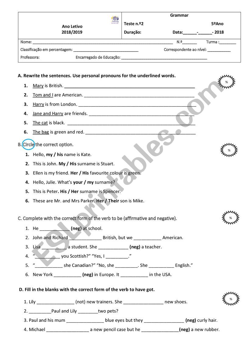 Grammar test 5th worksheet