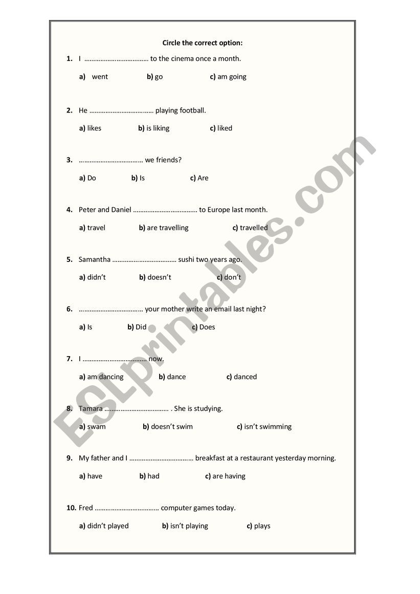 Multiple choice exam worksheet