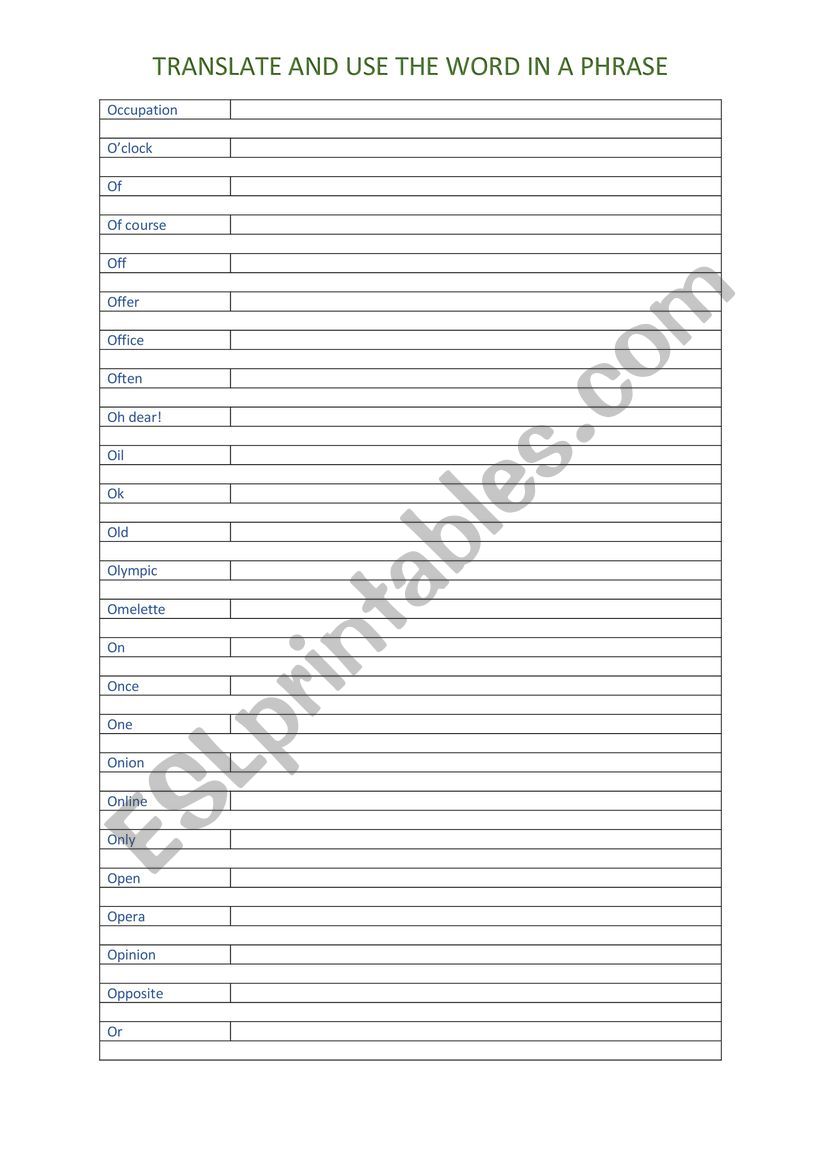 A2 Vocabulary chart (O) worksheet