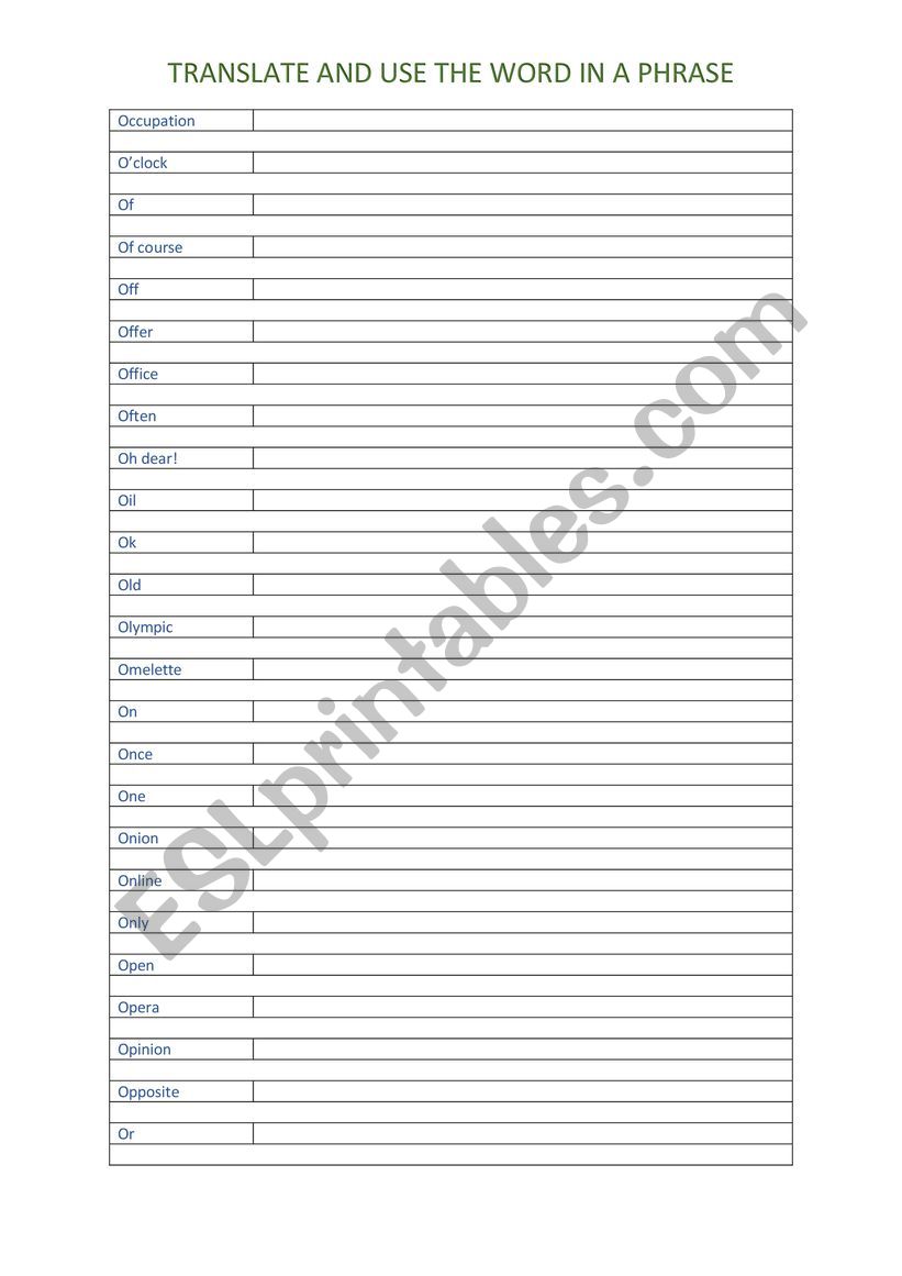 A2 Vocabulary chart (O) worksheet
