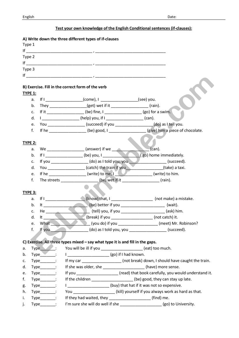Conditionals Worksheet worksheet