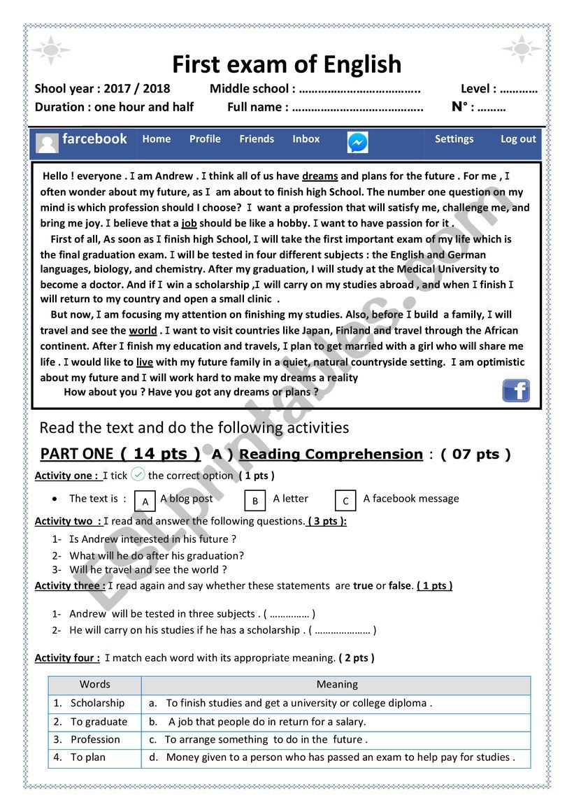 Future expecectations  worksheet