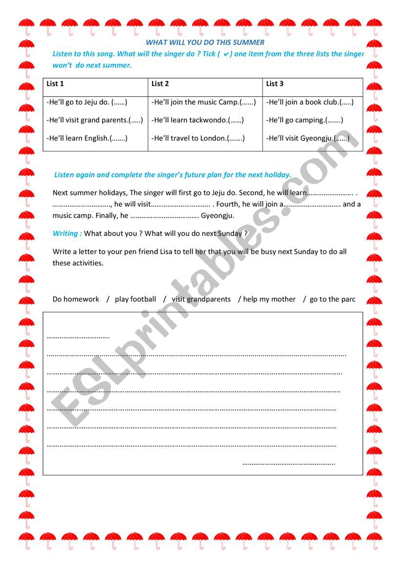 What will you do this summer worksheet