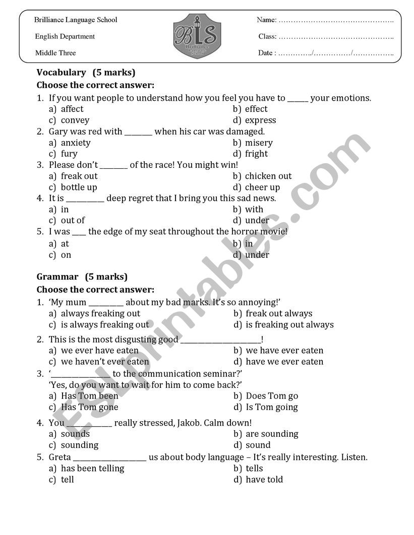 Quiz Unit 1 Close up B2 worksheet