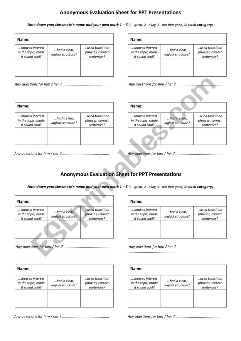 Anonymous Peer-evaluation Sheet for Class PPT Presentations