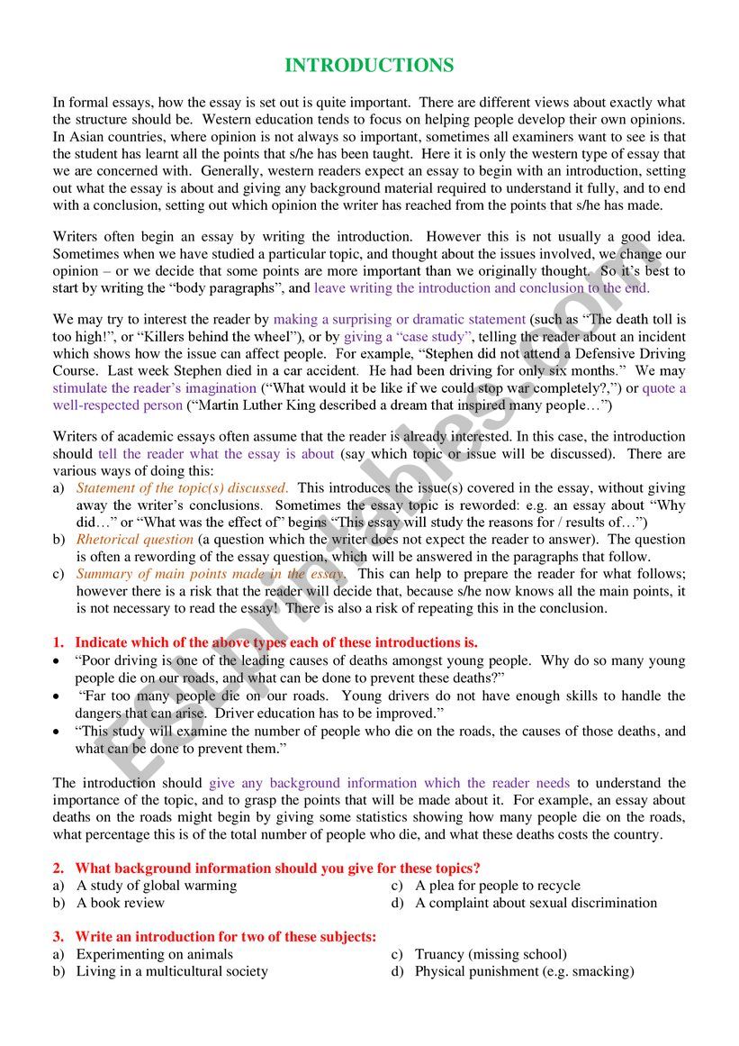 Writing Introductions ESL Worksheet By Bruce mediantstudies co nz