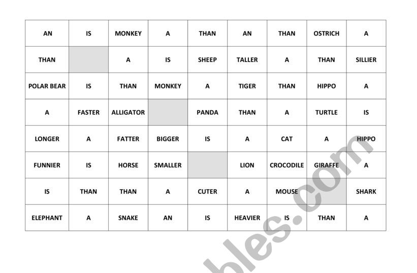 COMPARING ANIMALS WORD ORDER worksheet