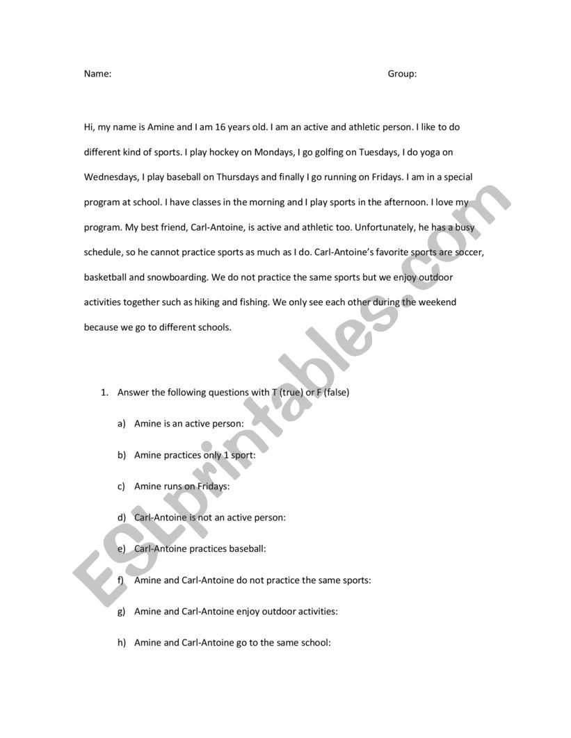 Sports Reading Comprehension worksheet