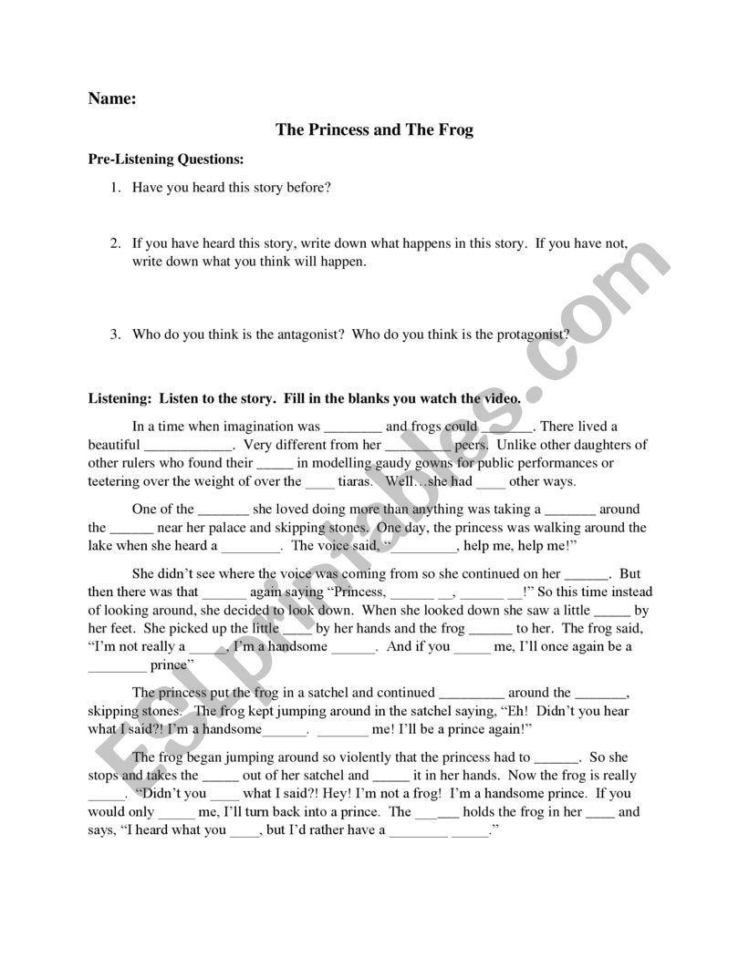 Princess and the Frog listening worksheet