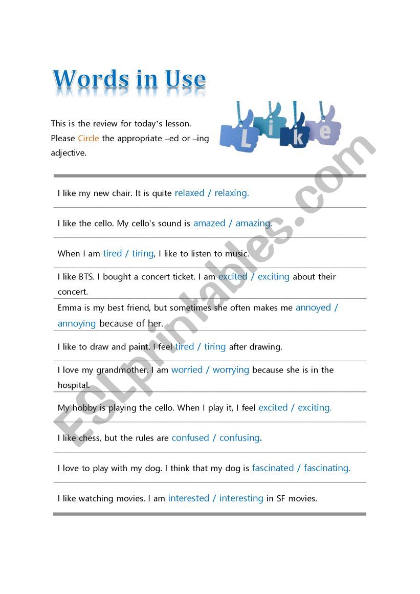 ing/ed participle matching activity