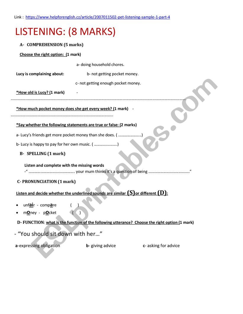 A listening test  worksheet