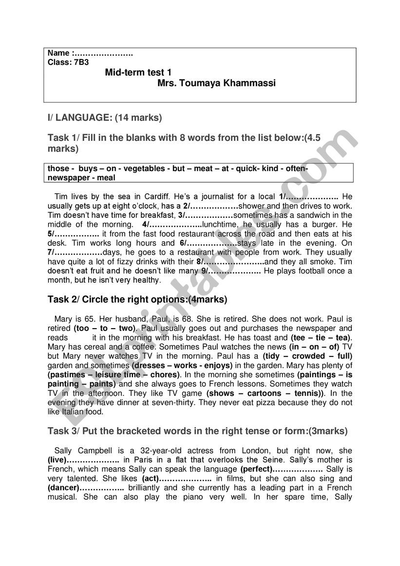 Mid-term test 1/ 7th form worksheet