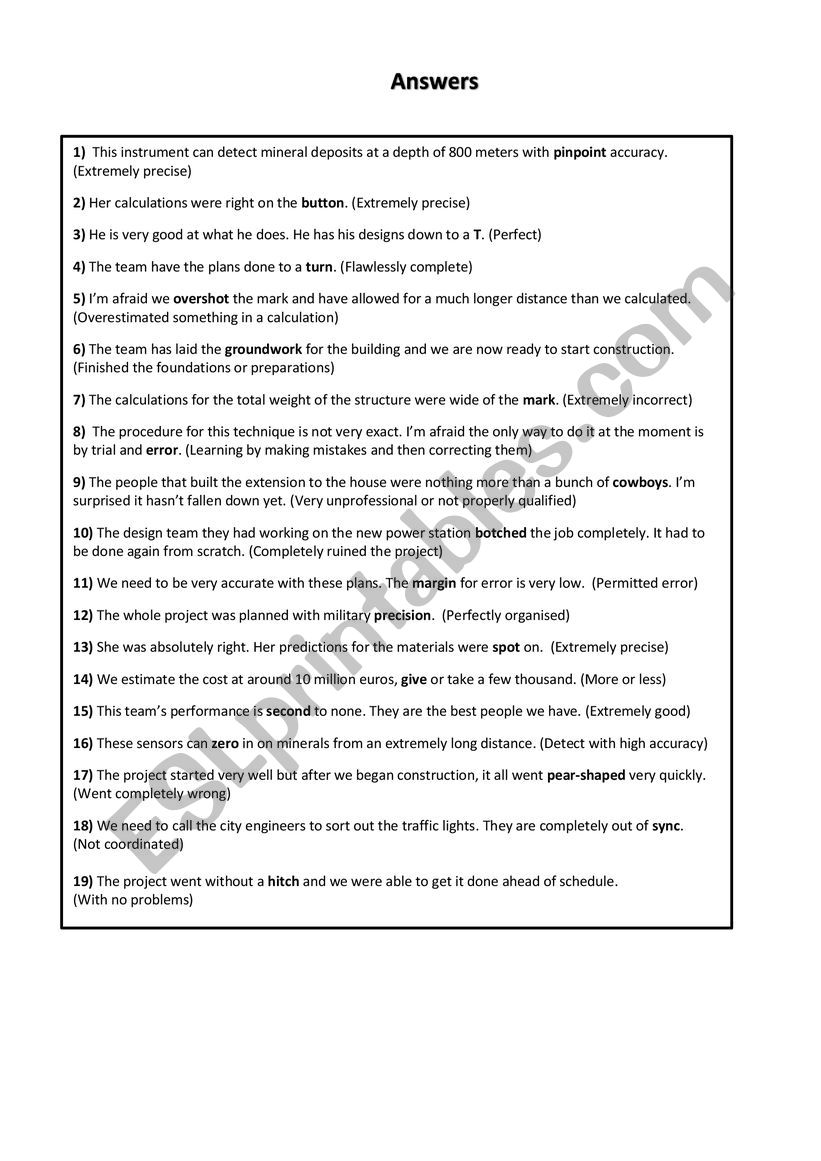 Idioms about Accuracy and Precision - ESL worksheet by spinney In Accuracy And Precision Worksheet Answers
