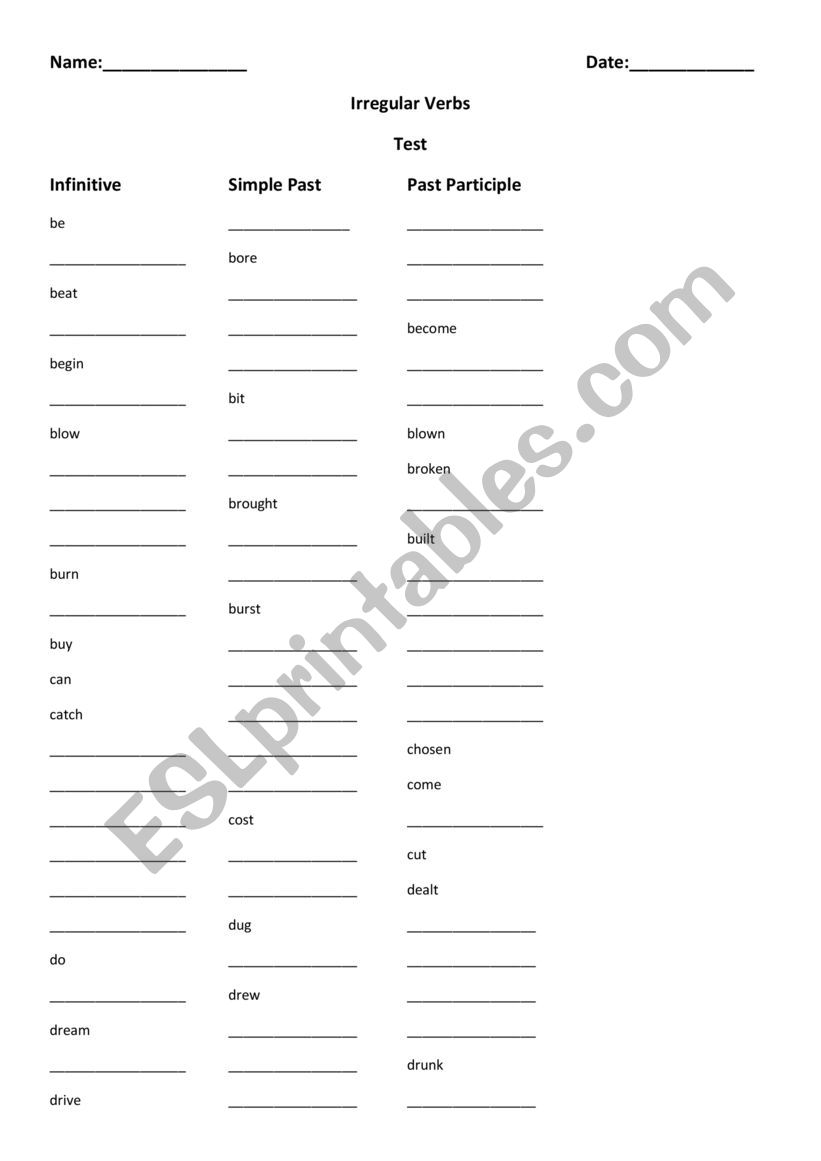 Irregular verbs table with gap