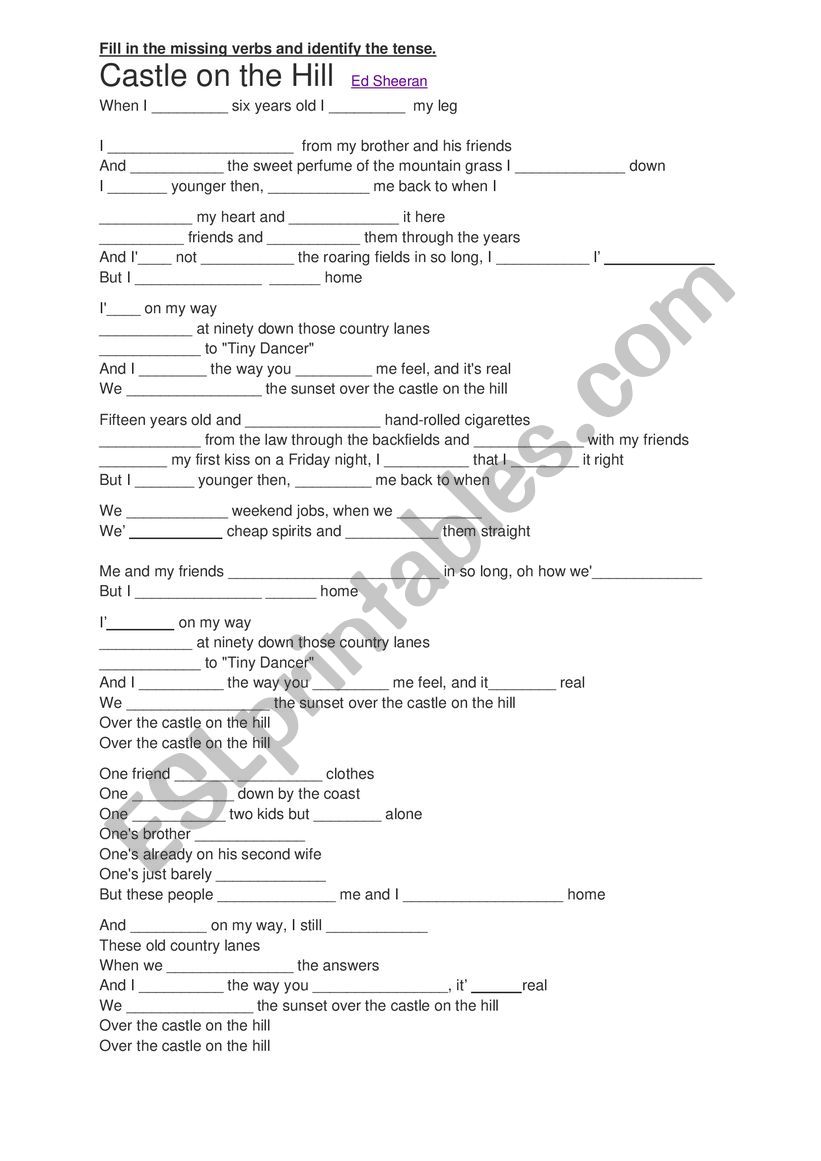 Castle on the Hill gap fill for past tenses.