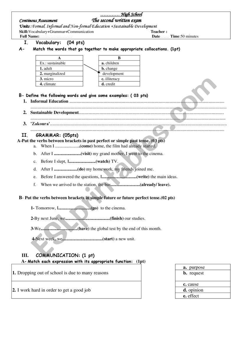 Quiz bac 2 worksheet
