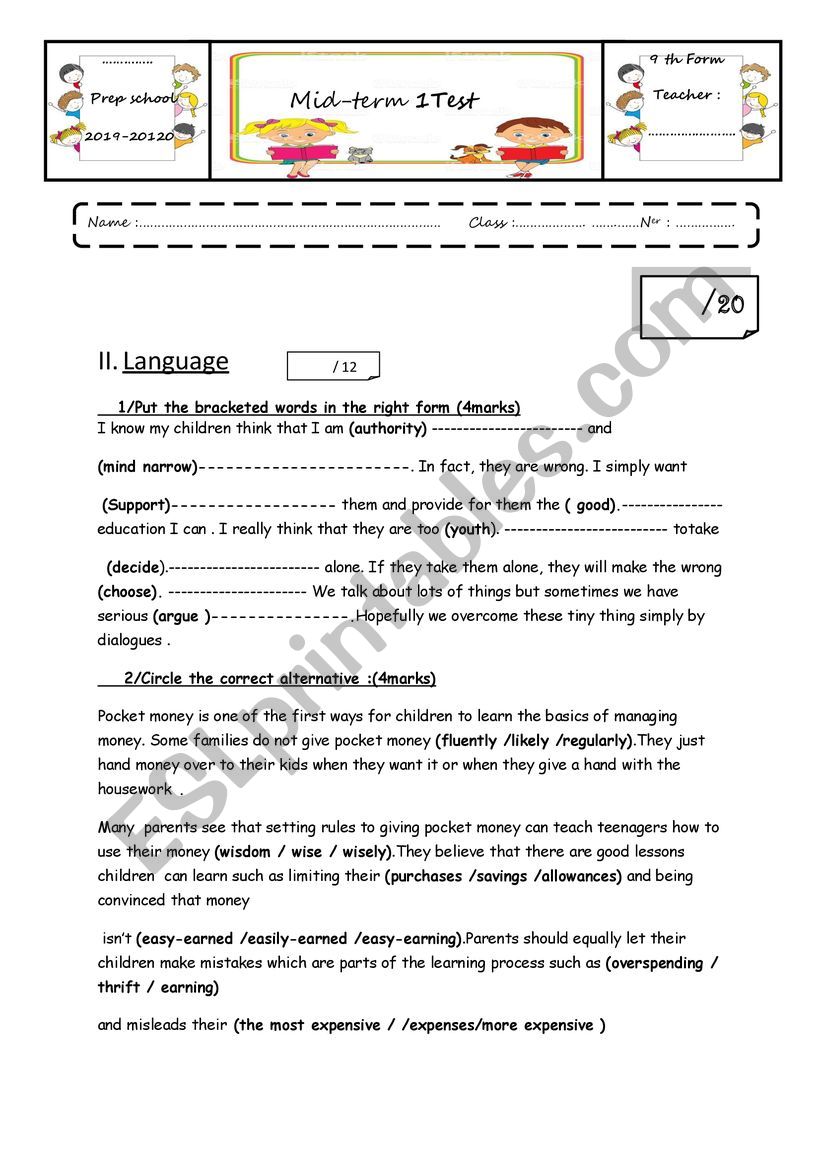 Mid-term 1 test (9th form) language part