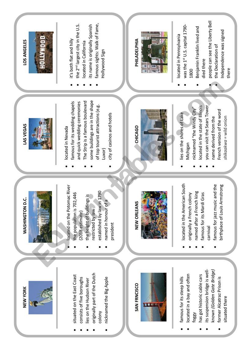 U.S. Cities - card game worksheet