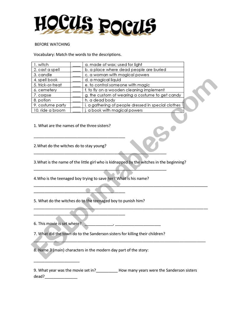 hocus pocus worksheet