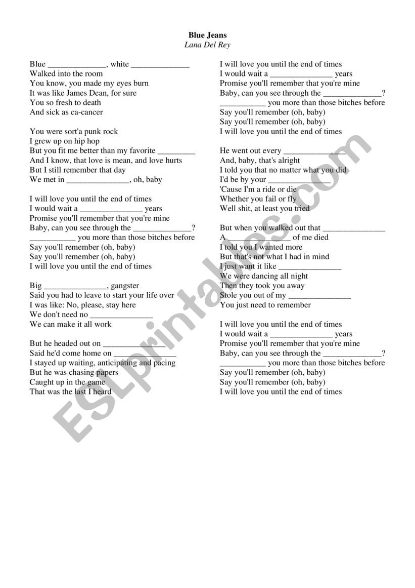 Blue jeans - Lana Del Rey worksheet