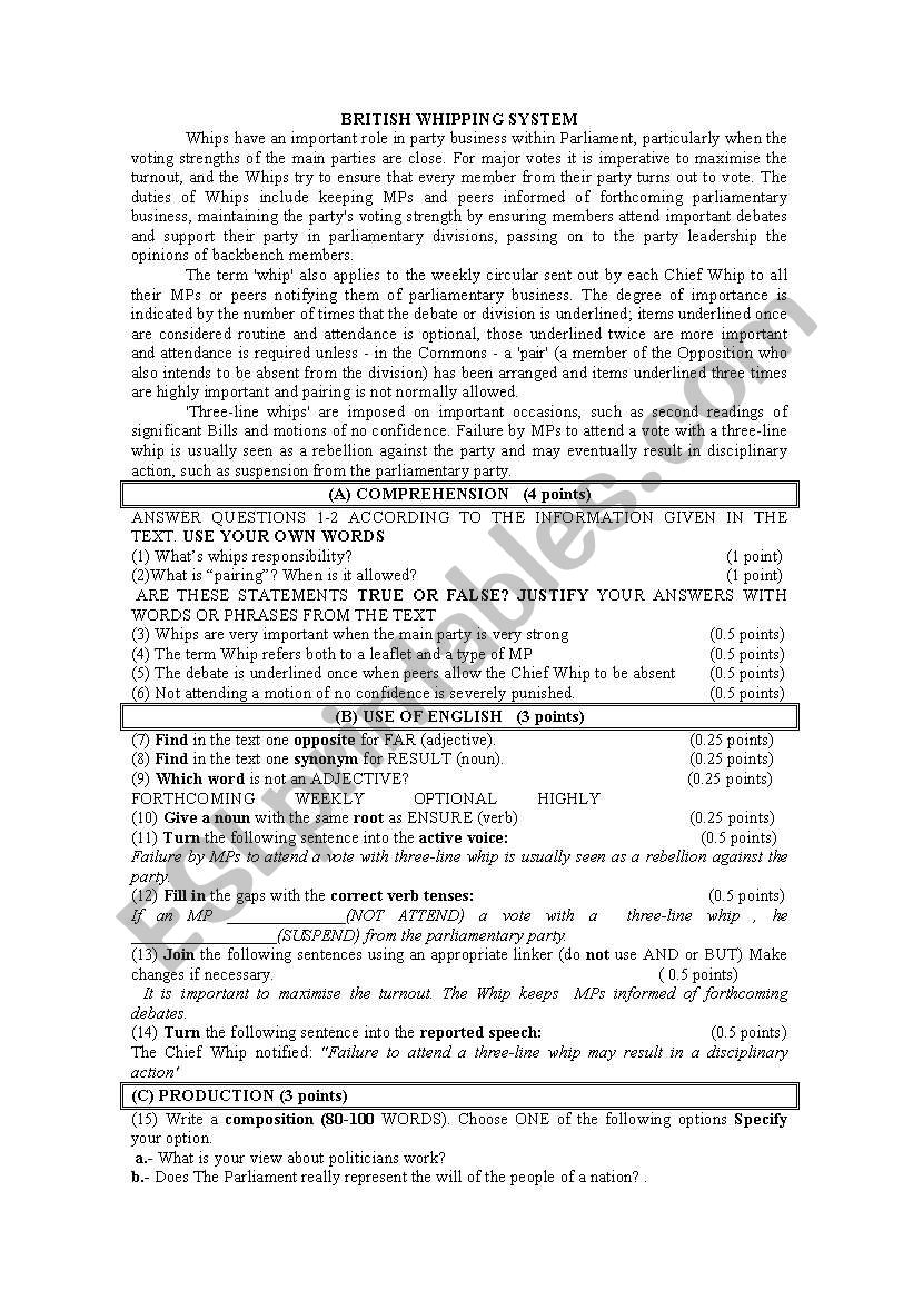 British whipping system worksheet