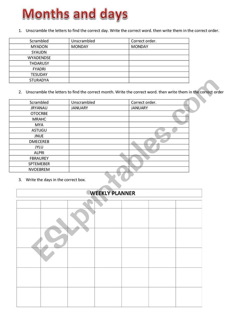 Months and Days. worksheet