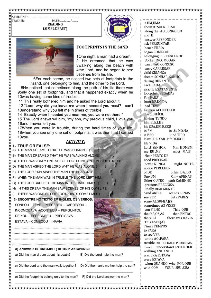 FOOTPRINTS IN THE SAND  worksheet