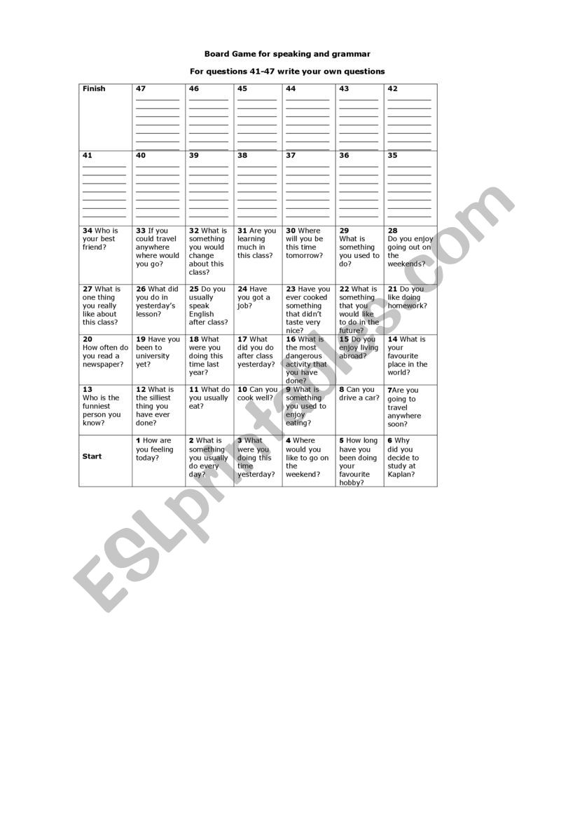 Boardgame worksheet