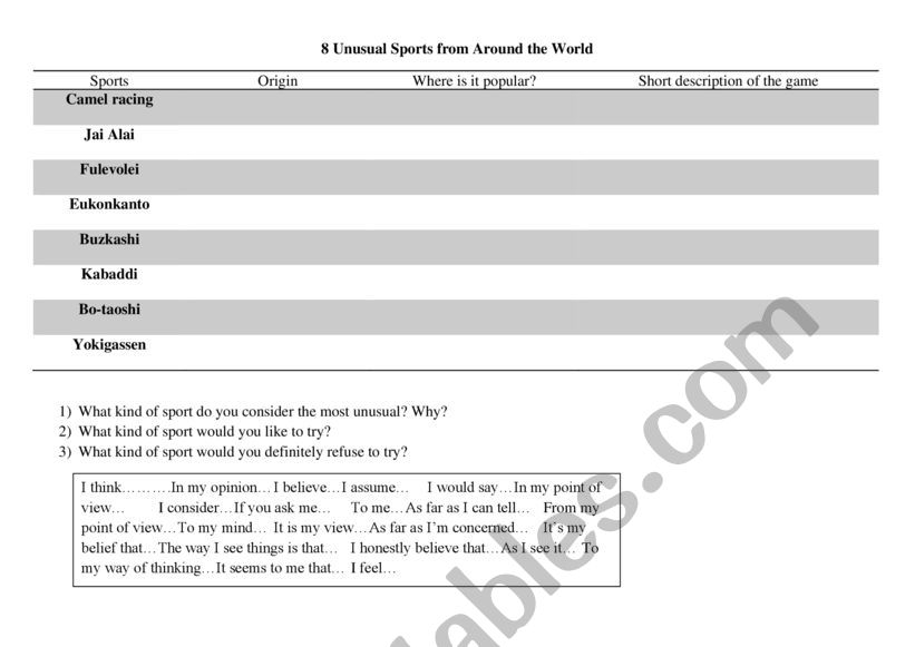 Unusual sport worksheet