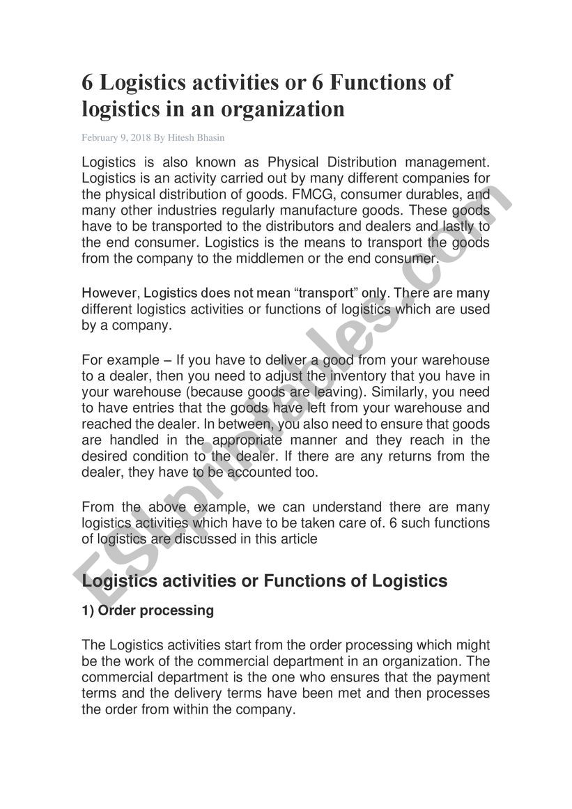 6 Logistics activities or 6 Functions of logistics in an organization WITH VOCABULARY ACTIVITY