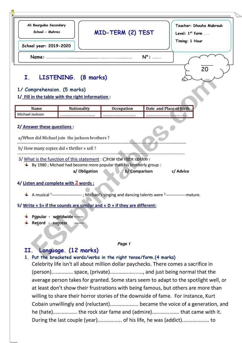 1st form first mid term test  worksheet