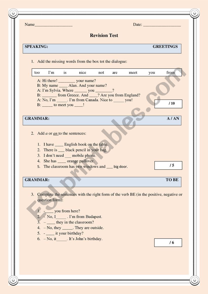 Revision Test worksheet