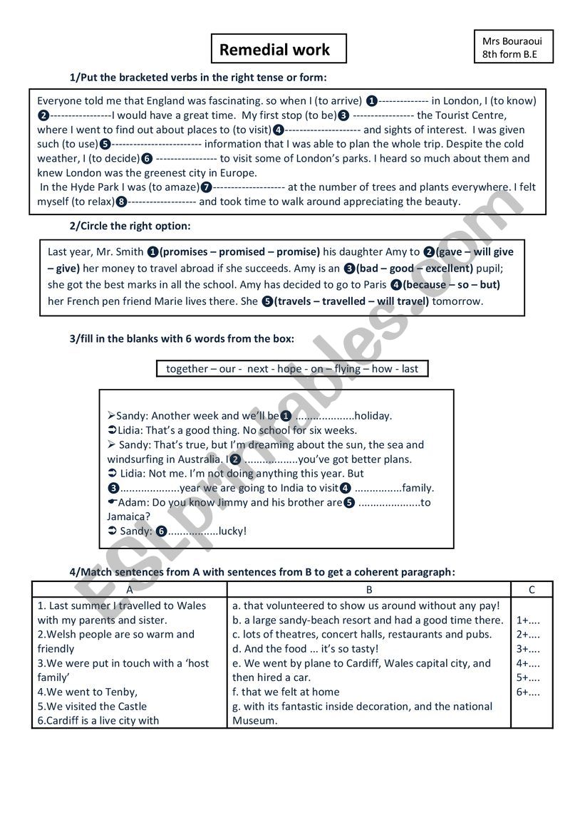 remedial work worksheet