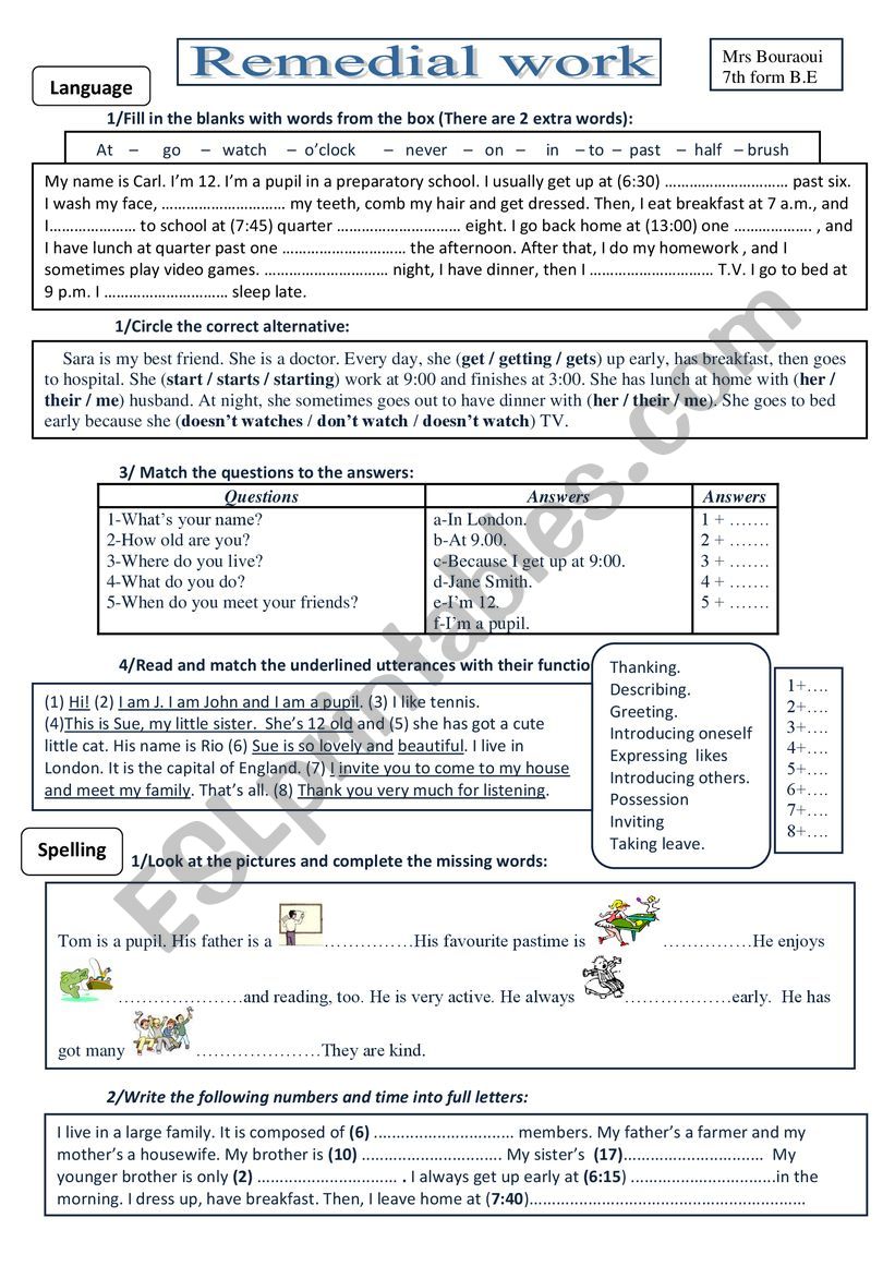 REMEDIAL WORK 7th form worksheet