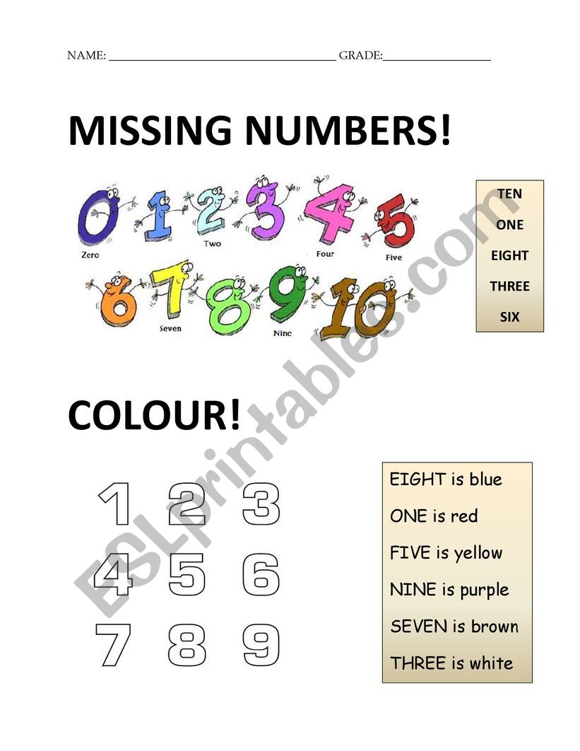 Numbers & colours worksheet