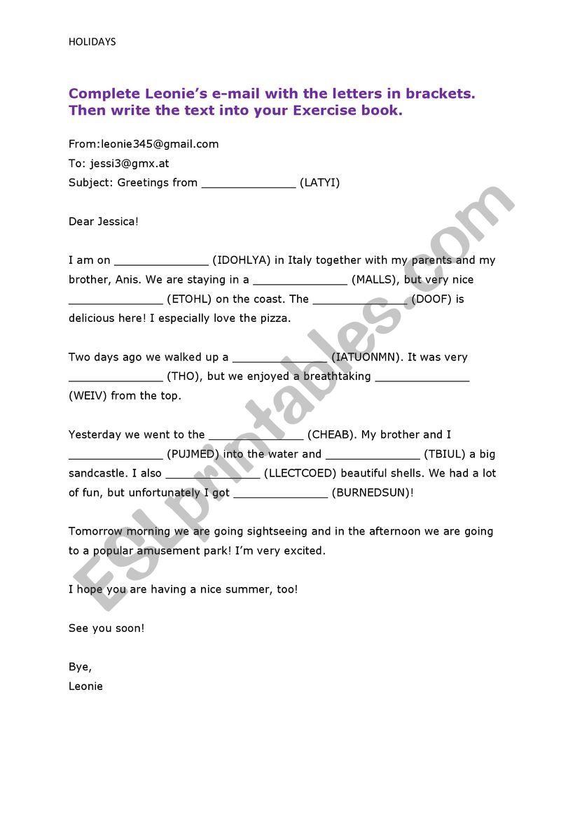 E-Mail holidays worksheet