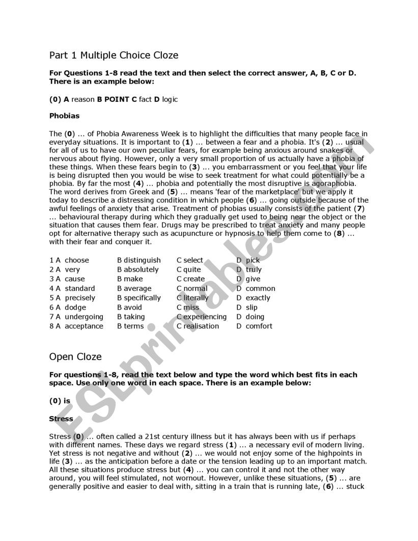 Multiple Choice Cloze Worksheet