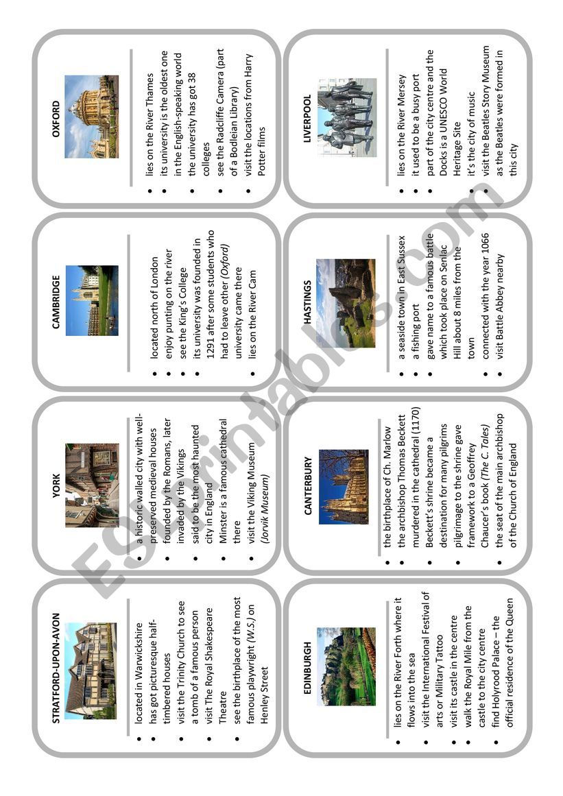 UK Towns and Cities - card game