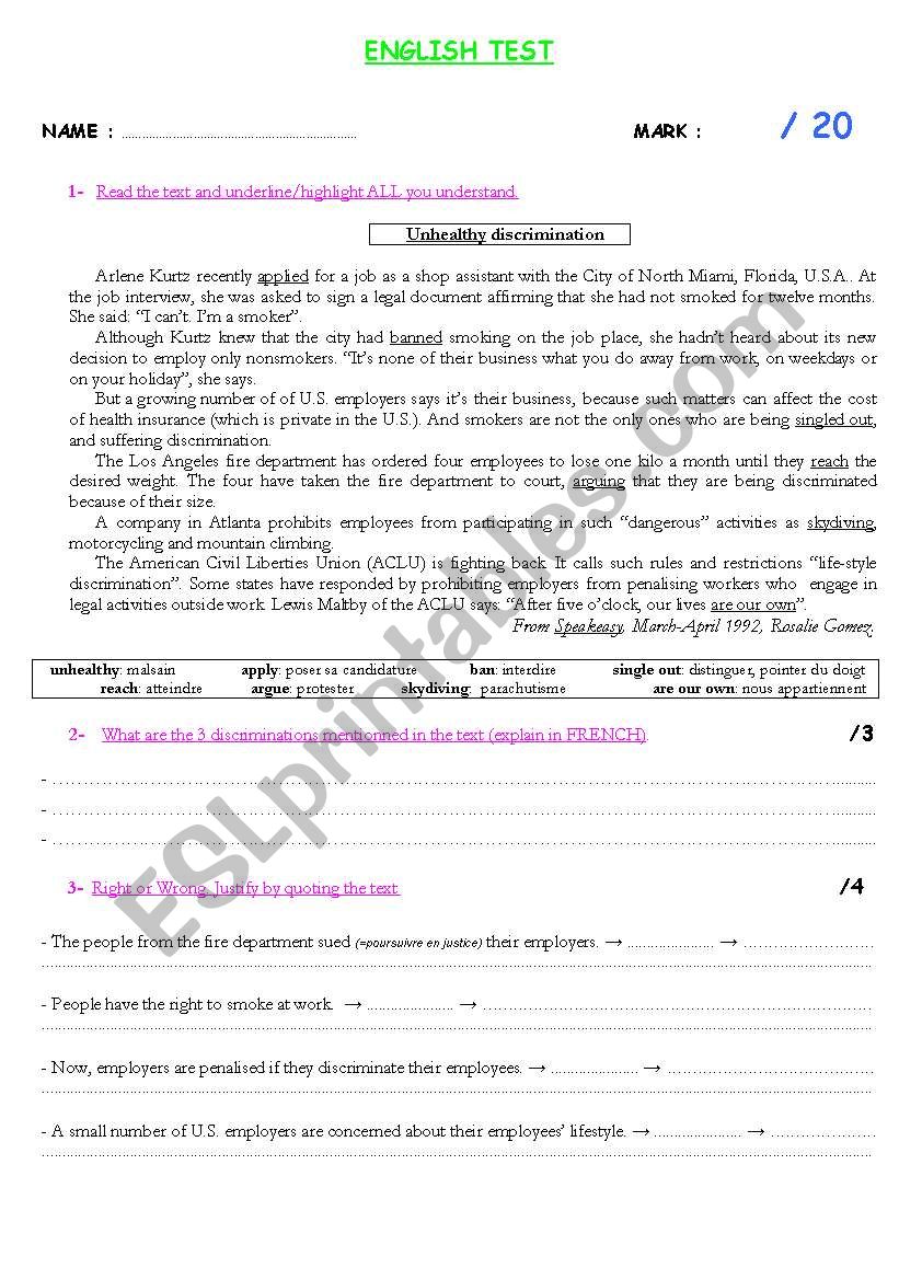 Test - Discrimination worksheet