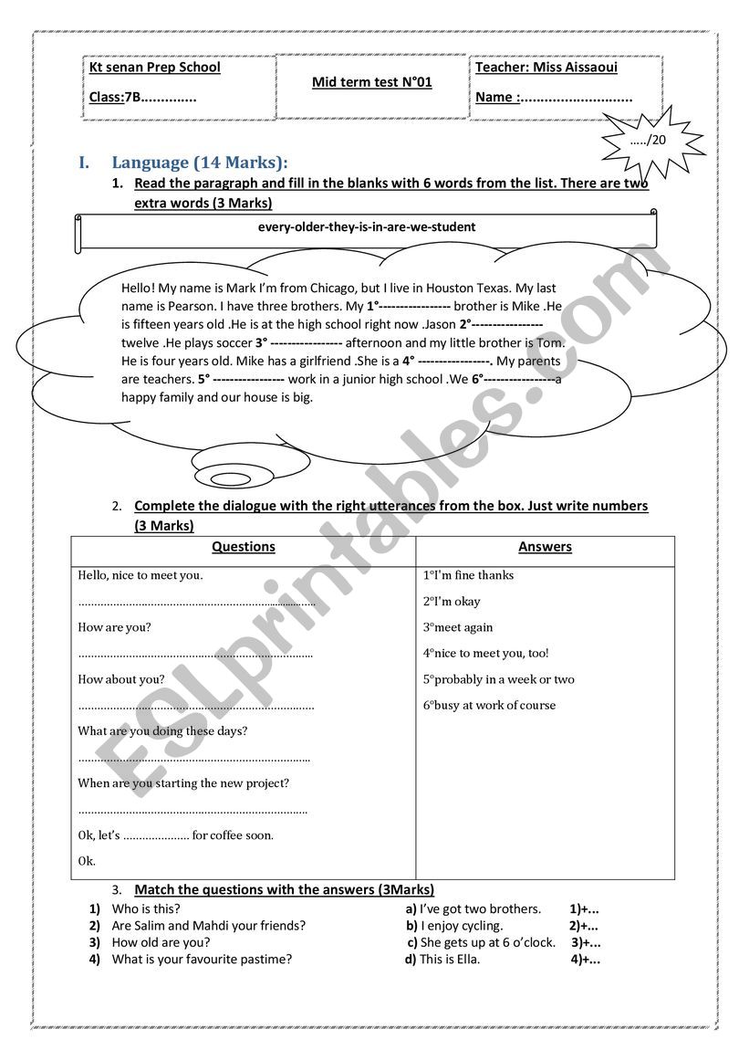 7th form mid term test worksheet