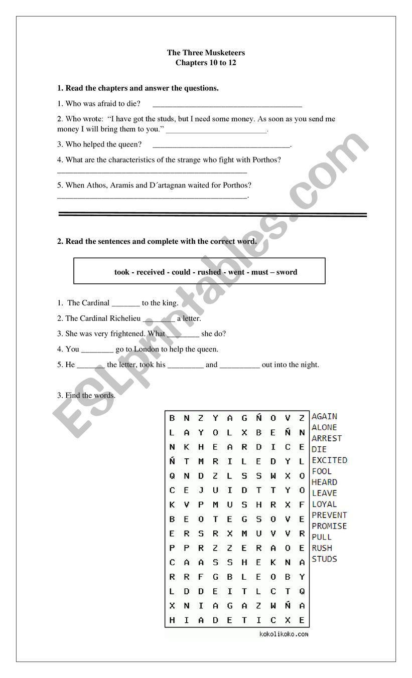 The three Musketeers worksheet
