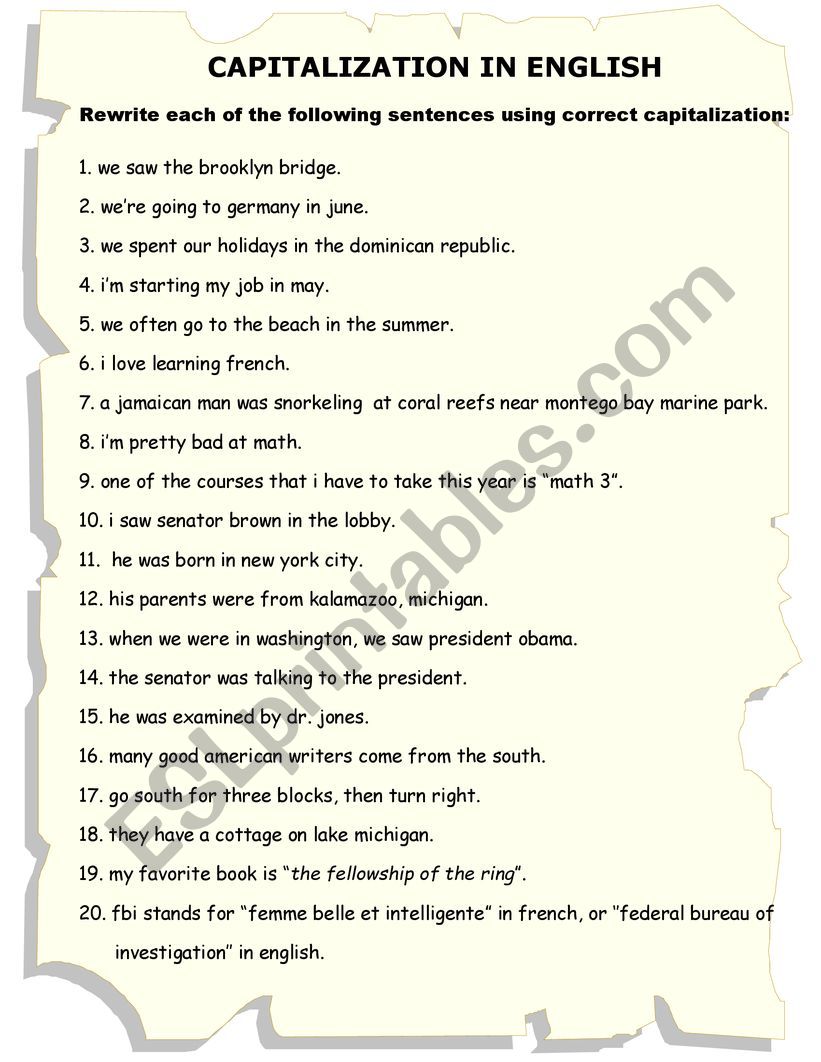 Capitalization Rules Practice worksheet